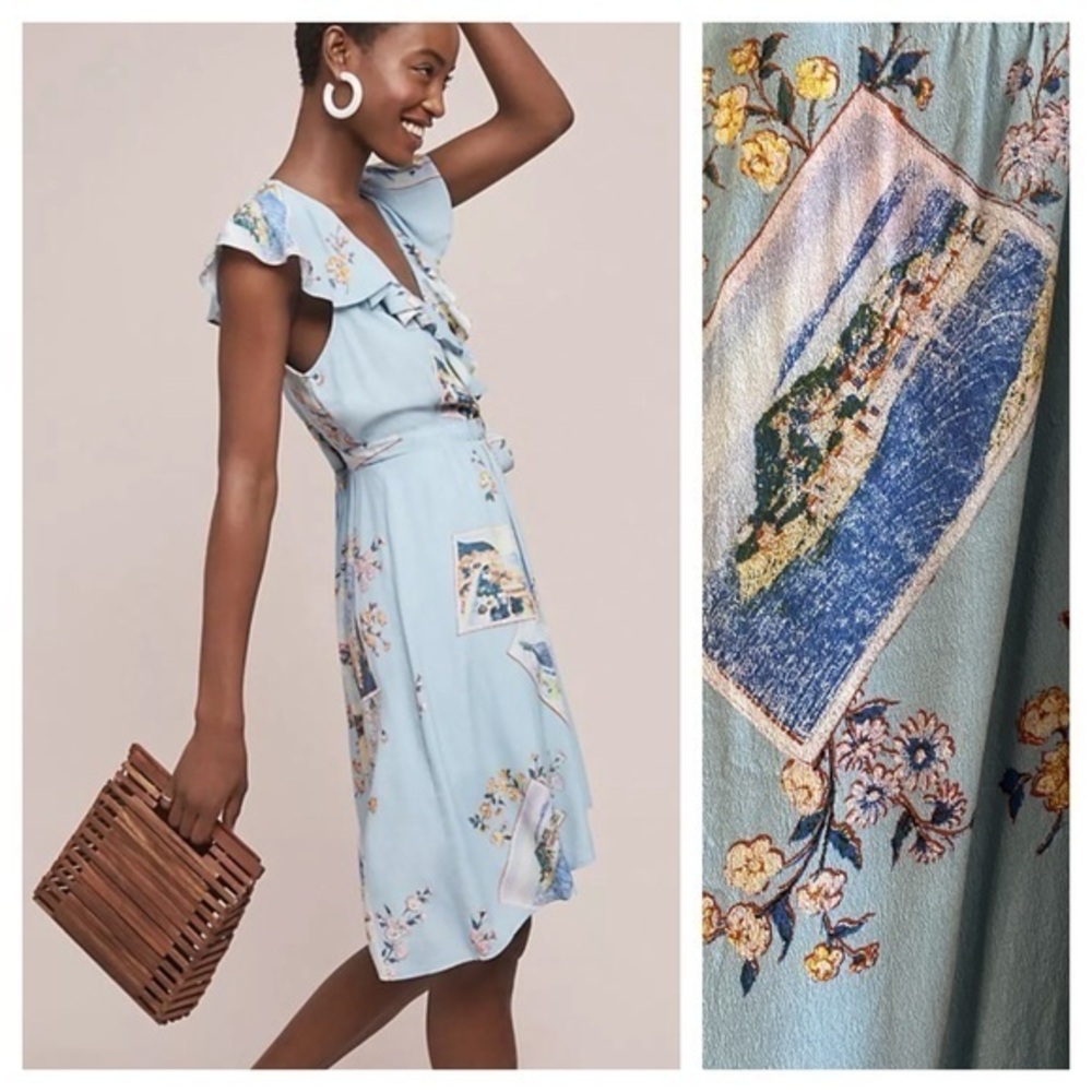 Anthropologie Maeve Blue Floral Postcard Print Rosalia Wrap Dress 8